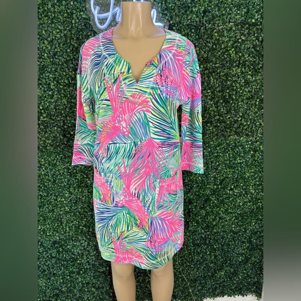 Lilly Pulitzer Scarlet Macaw Dress – Tropical Print, 3/4 Sleeve – Size S